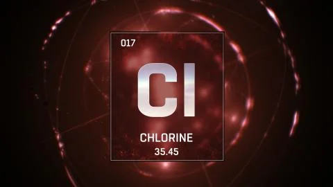 Chlorine as Element 17 of the Periodic Table 3D illustration on red background Stock Illustration