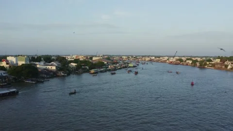 Cho Noi Can Tho Floating Market Over The Bridge By Drone Stock Footage 232367369