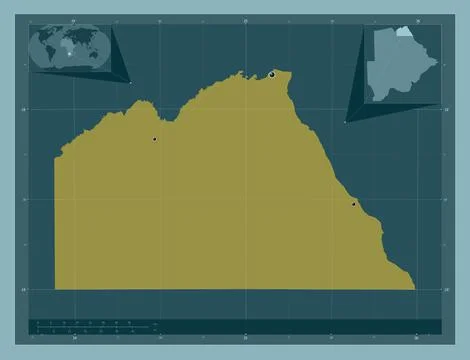 Chobe, Botswana. Solid color shape. Locations of major cities of the region Stock Illustration