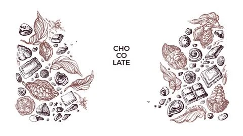 Choco border. Vector cocoa fruit, bean Art sketch Stock Illustration