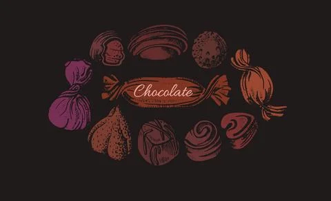 Choco candy in circle. Vector color old template on black background. Art sha Stock Illustration