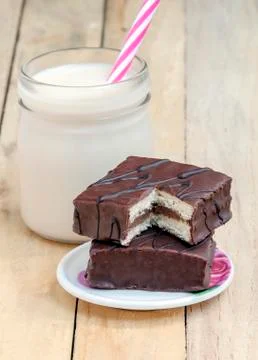 Choco pie and  milk Stock Photos