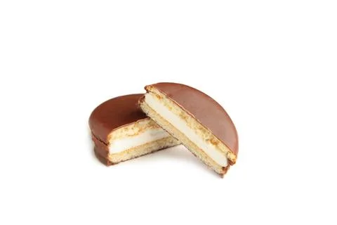 Choco pie chocolate coated snacks isolated on white background. Stock Photos