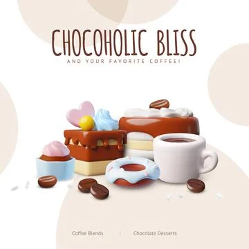 Chocoholic bliss advertising vector web, app design, coffee cup and chocolate Stock Illustration