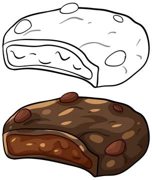 Chocolate Almond Cookie Vector Illustration with Line Art Version Stock Illustration