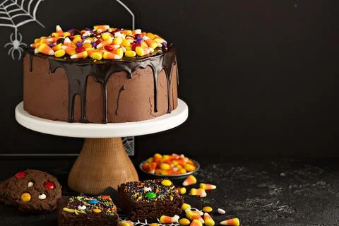 Chocolate and candy corn cake Stock Photos