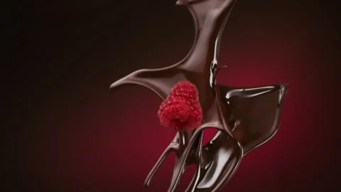 Chocolate and fresh raspberry splashing and falling in slow motion. Red gradient Stock Footage 253705047