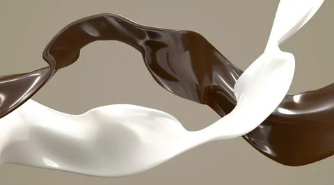 Chocolate and milk waves 3d render. White and dark brown liquid cocoa and cream Illustrazione stock