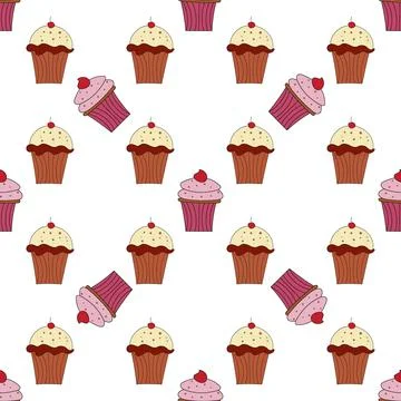 Chocolate and pink cake pattern on white background Stock Illustration
