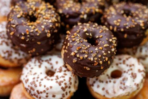 Chocolate and vanilla donuts with nuts topping Stock Photos
