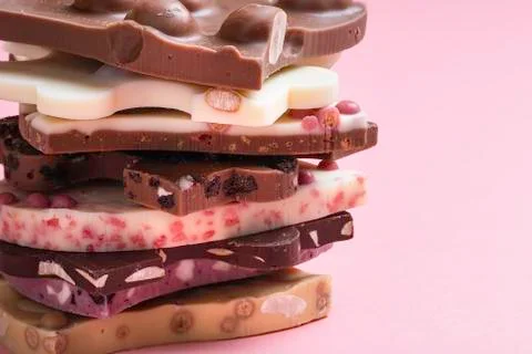 Chocolate assortment stack close-up. Swiss chocolate variety Stock Photos