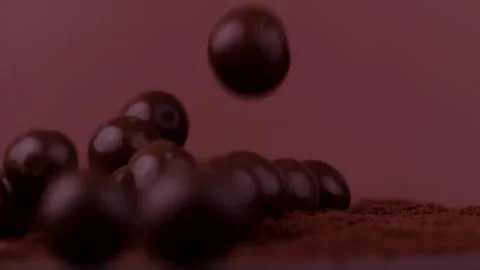 Chocolate Balls Falling on Cocoa Powder. Glossy chocolate balls bouncing and 스톡 동영상 295344394