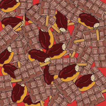Chocolate bar with donuts on a red background. Chocolate meal pattern Stock Illustration