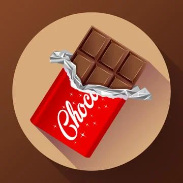 Chocolate bar in opened red wrapped. Chocolate icon Stock Illustration
