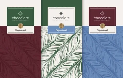Chocolate bar packaging set. Trendy luxury product branding template with label. Illustrazione stock