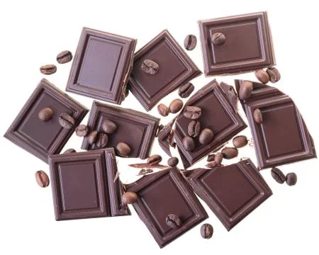 Chocolate bar with scattering of coffee beans isolated Stock Photos