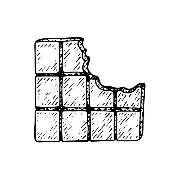 Chocolate bar with teeth bite marks sketch. Yummy candy. Delicious dessert. C 스톡 일러스트