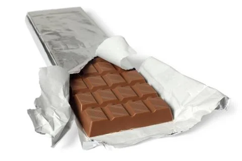 Chocolate bar with torn wrapper Stock Photos