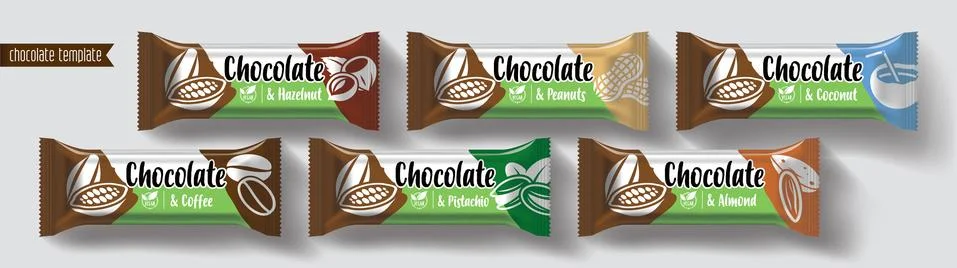 Chocolate bar vector packaging design. Nuts chocolate set. Stock Illustration