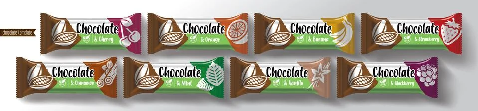 Chocolate bar vector packaging design. Fruit and spicy chocolate set. Stock Illustration