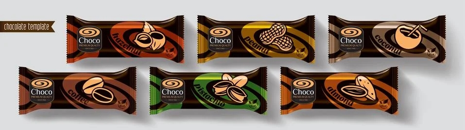 Chocolate bar vector packaging design. Nuts chocolate set. Stock Illustration