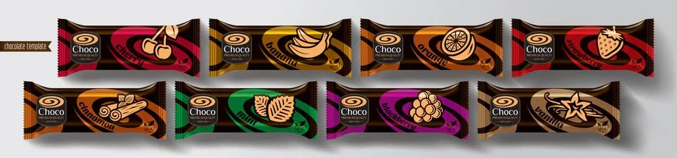 Chocolate bar vector packaging design. Fruit and spicy chocolate set. Stock Illustration