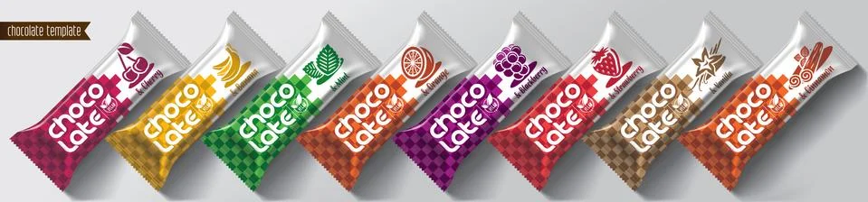 Chocolate bar vector packaging design. Fruit and spicy chocolate set. Stock Illustration