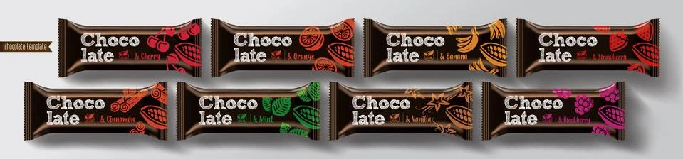 Chocolate bar vector packaging design. Fruit and spicy chocolate set. Stock Illustration