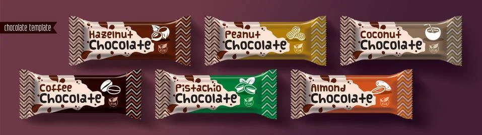 Chocolate bar vector packaging design. Nuts chocolate set. Stock Illustration