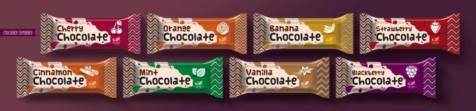 Chocolate bar vector packaging design. Fruit and spicy chocolate set. Stock Illustration
