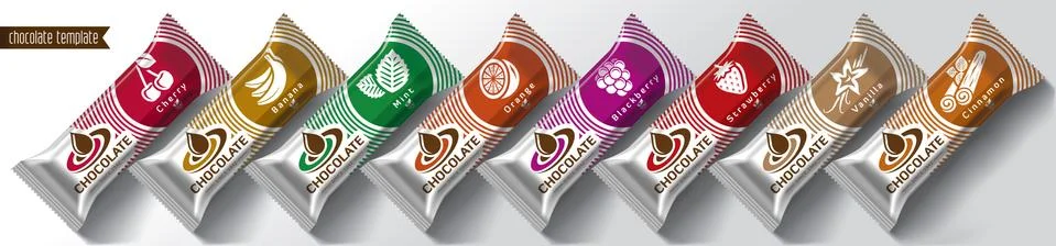 Chocolate bar vector packaging design. Fruit and spicy chocolate set. Stock Illustration