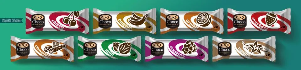 Chocolate bar vector packaging design. Fruit and spicy chocolate set. Stock Illustration