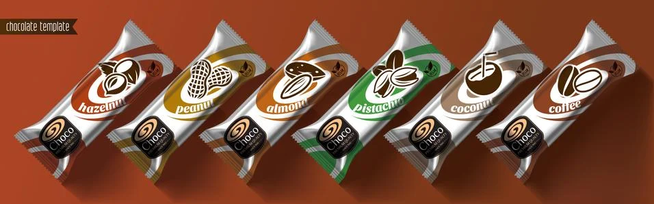 Chocolate bar vector packaging design. Nuts chocolate set. Stock Illustration