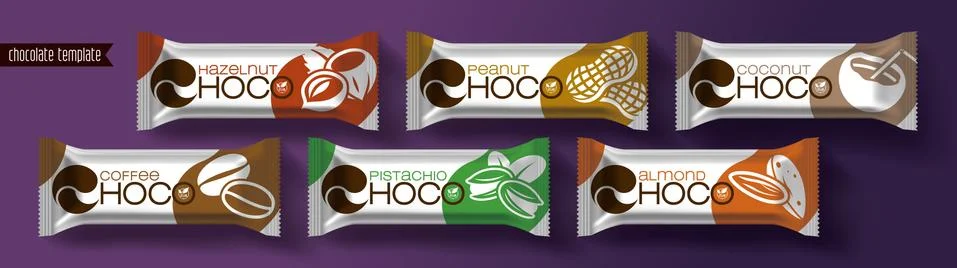 Chocolate bar vector packaging design. Nuts chocolate set. Stock Illustration