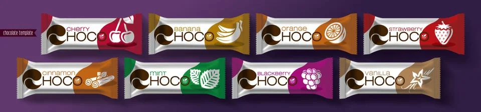 Chocolate bar vector packaging design. Fruit and spicy chocolate set. Stock Illustration
