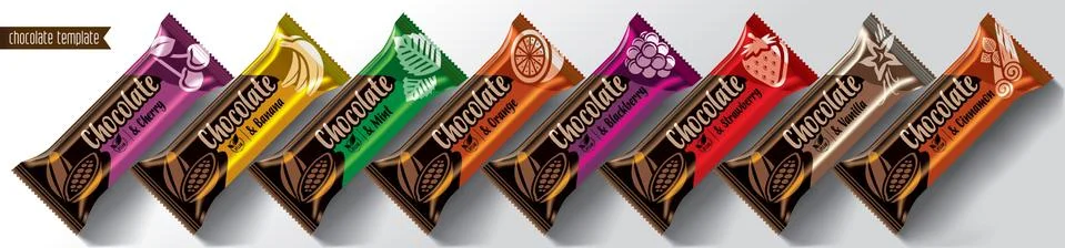 Chocolate bar vector packaging design. Fruit and spicy chocolate set. Stock Illustration
