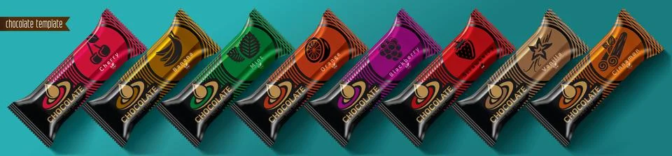 Chocolate bar vector packaging design. Fruit and spicy chocolate set. Stock Illustration