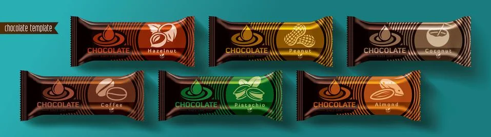 Chocolate bar vector packaging design. Nuts chocolate set. Stock Illustration