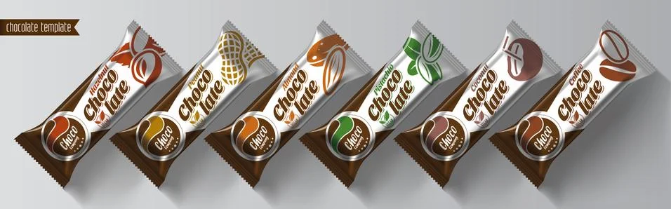 Chocolate bar vector packaging design. Nuts chocolate set. Stock Illustration
