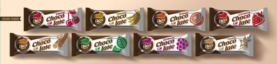 Chocolate bar vector packaging design. Fruit and spicy chocolate set. Stock Illustration