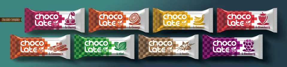 Chocolate bar vector packaging design. Fruit and spicy chocolate set. Stock Illustration
