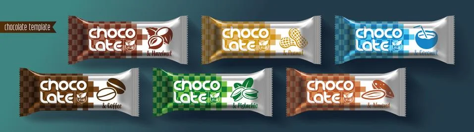Chocolate bar vector packaging design. Nuts chocolate set. Stock Illustration