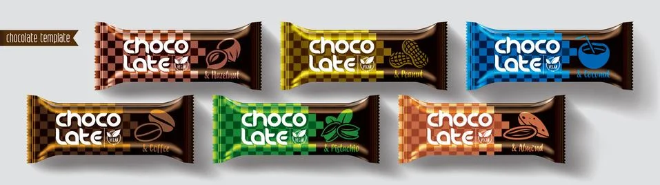 Chocolate bar vector packaging design. Nuts chocolate set. Stock Illustration