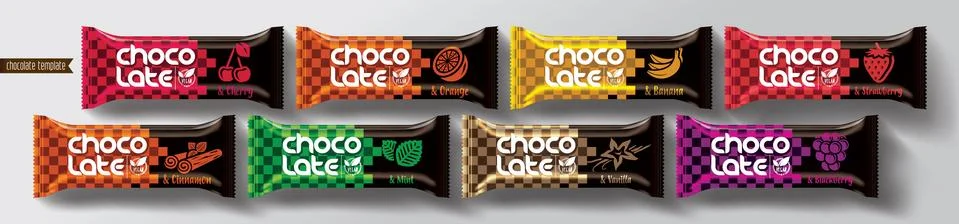 Chocolate bar vector packaging design. Fruit and spicy chocolate set. Stock Illustration
