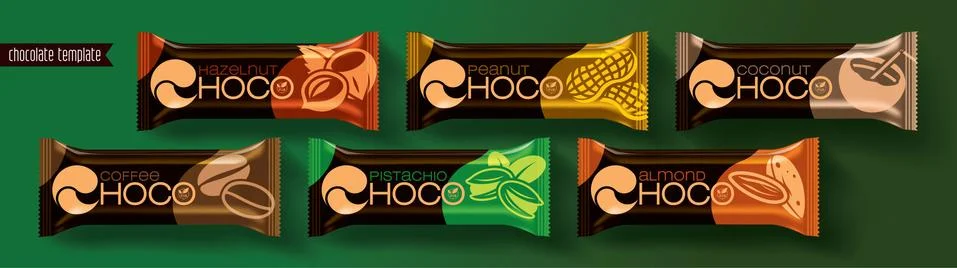 Chocolate bar vector packaging design. Nuts chocolate set. Stock Illustration