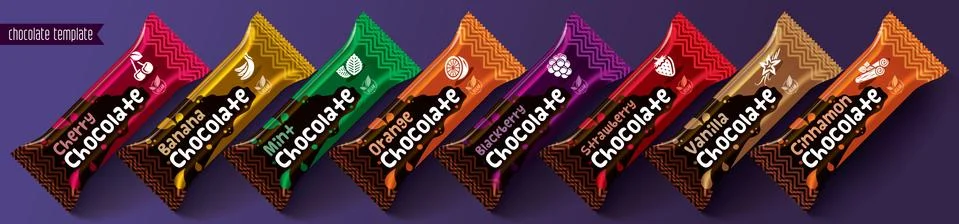Chocolate bar vector packaging design. Fruit and spicy chocolate set. Stock Illustration