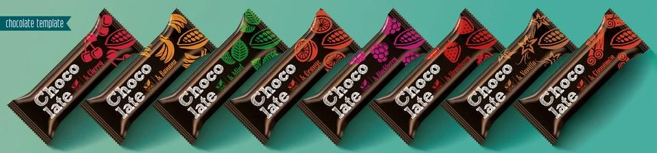 Chocolate bar vector packaging design. Fruit and spicy chocolate set. Stock Illustration