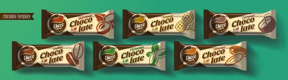 Chocolate bar vector packaging design. Nuts chocolate set. Stock Illustration