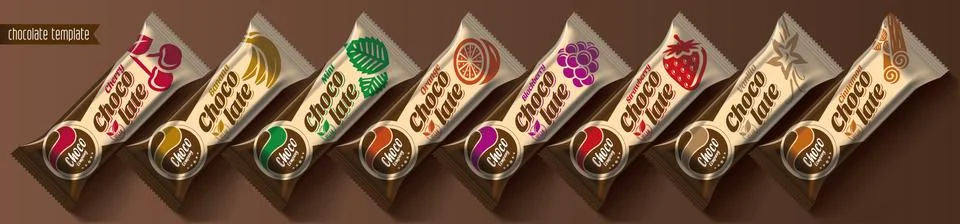 Chocolate bar vector packaging design. Fruit and spicy chocolate set. Stock Illustration