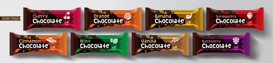 Chocolate bar vector packaging design. Fruit and spicy chocolate set. Stock Illustration